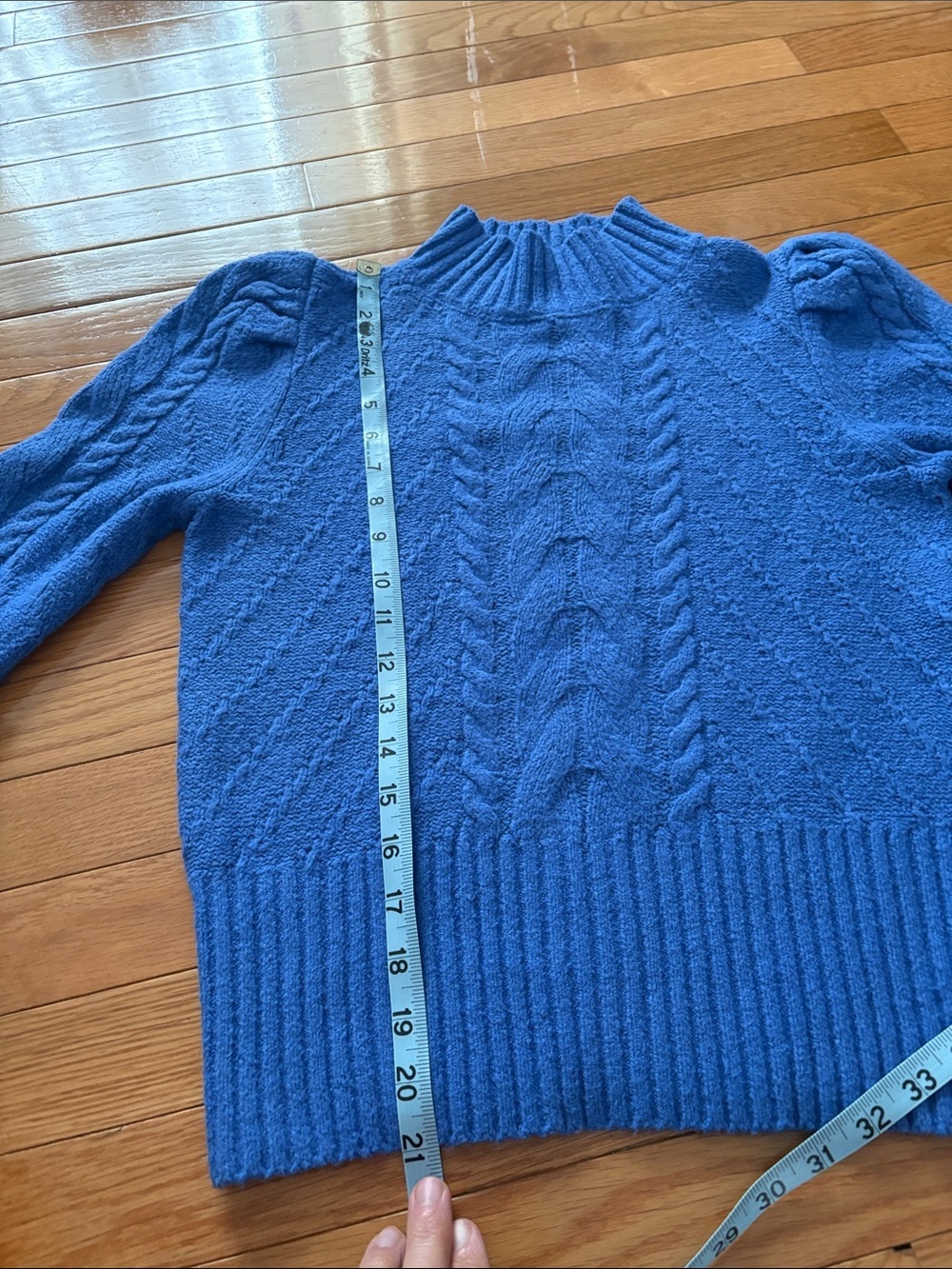 LOFT Bright Blue Cable-Knit Puff Shoulder Mock Neck Sweater - Picture 8 of 9